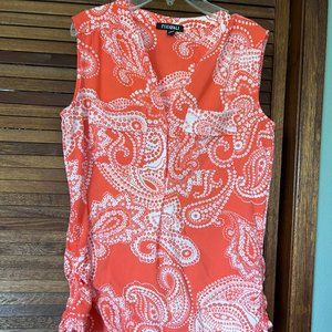 Roz & Ali women's orange&white paisley sleeveless top-partial button front-Med